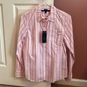 NEW Tommy Hilfiger Classic Button Down Shirt Women’s Size S White Pink Stripe
